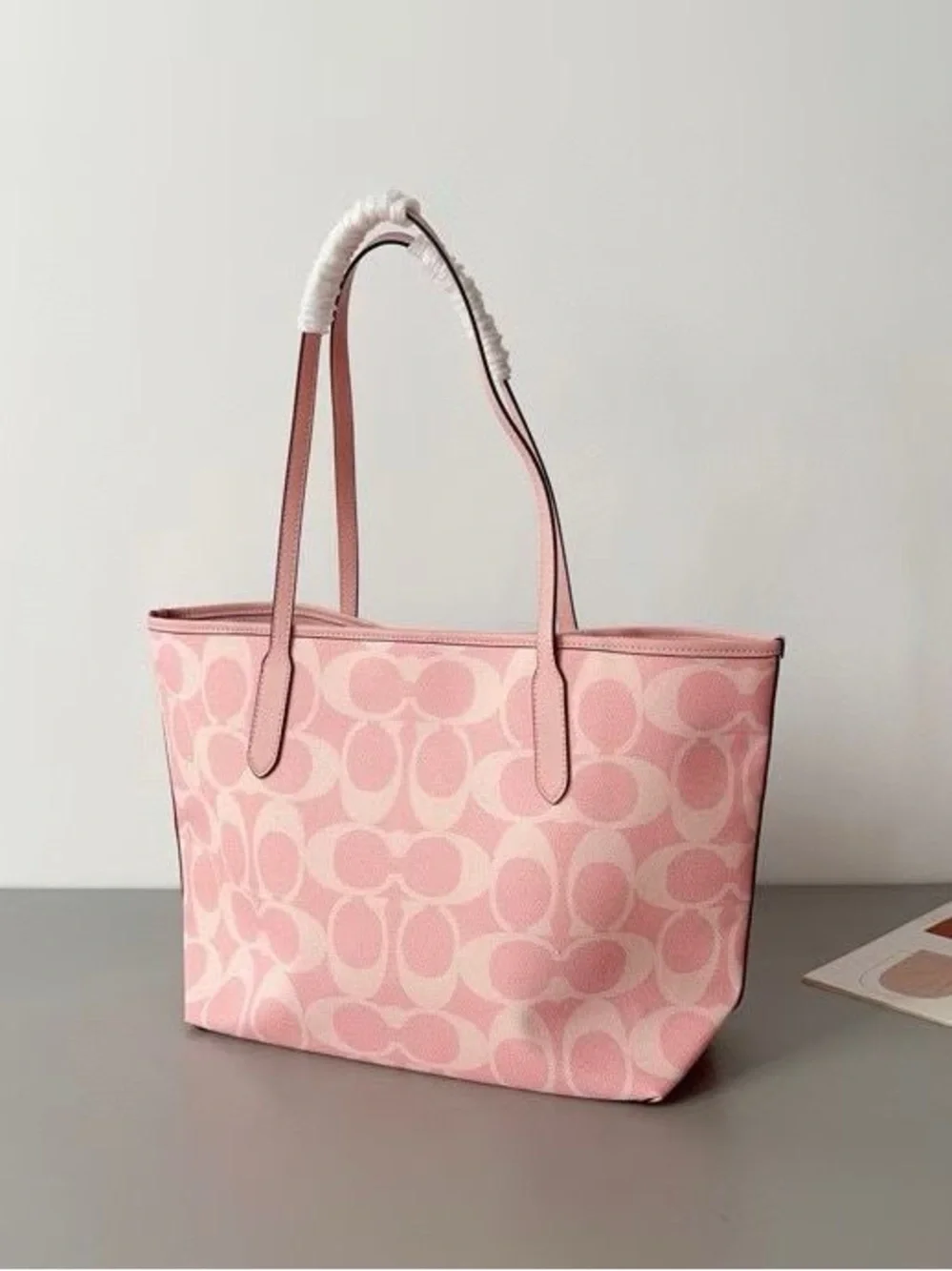 Coach Pink Signature Canvas Tote with Leather Handles